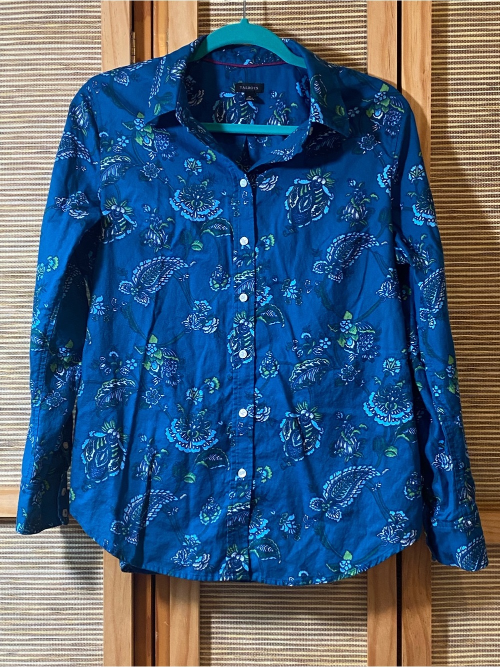 Talbots teal paisley button-up shirt Sz M